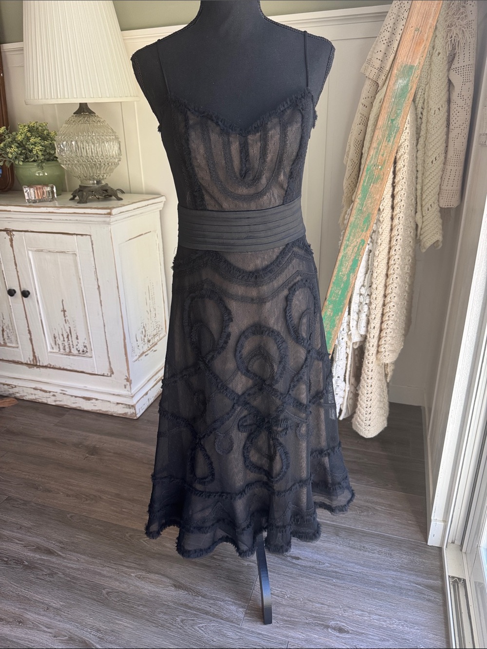 BCBG Max Azria couture layered black lace tea-length dress - size 4